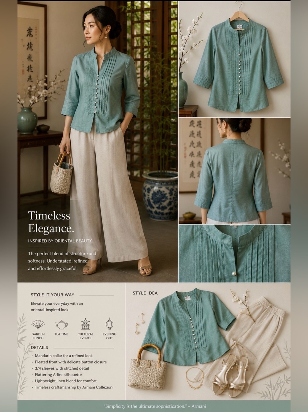 💚 Armani Collezioni Seafoam Silk Pintuck Jacket Blouse | Size 8